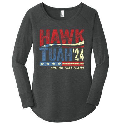 Hawk Tuah 24 Spit On That Thang Hawk Tuah 2024 Funny Viral Design Women's Perfect Tri Tunic Long Sleeve Shirt