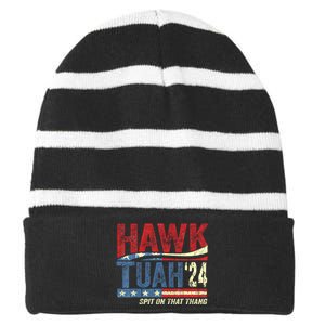 Hawk Tuah 24 Spit On That Thang Hawk Tuah 2024 Funny Viral Design Striped Beanie with Solid Band