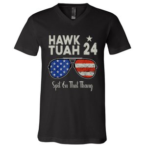 Hawk Tuah 24 Spit On That Thang American Flag Adult Humor V-Neck T-Shirt