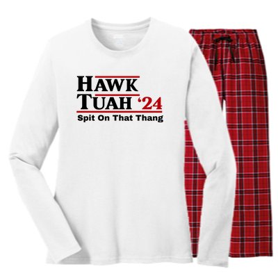 Hawk Tuah 24 Spit On That Thang Funny Saying Women's Long Sleeve Flannel Pajama Set 