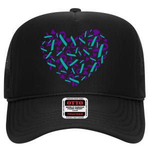 Heart Teal And Purple Ribbon Suicide Prevention Awareness High Crown Mesh Back Trucker Hat