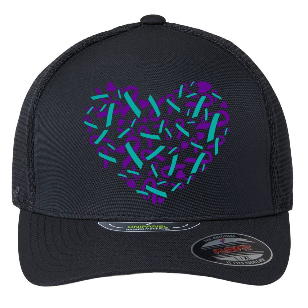Heart Teal And Purple Ribbon Suicide Prevention Awareness Flexfit Unipanel Trucker Cap