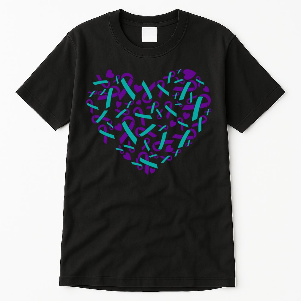 Heart Teal And Purple Ribbon Suicide Prevention Awareness Tall T-Shirt
