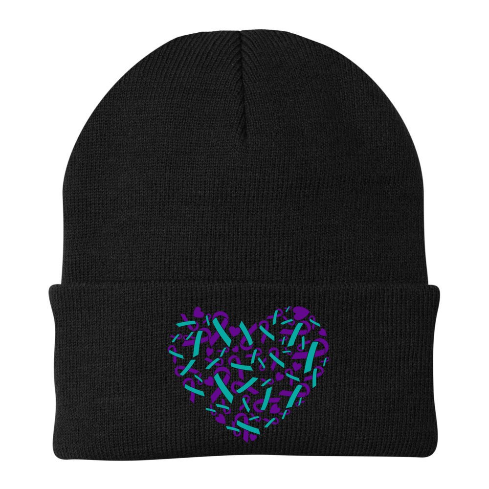Heart Teal And Purple Ribbon Suicide Prevention Awareness Beanie