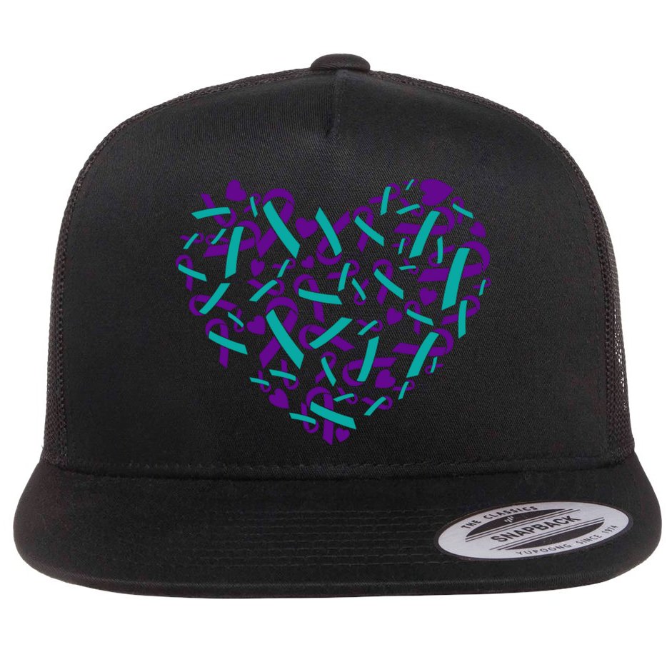 Heart Teal And Purple Ribbon Suicide Prevention Awareness Flat Bill Trucker Hat
