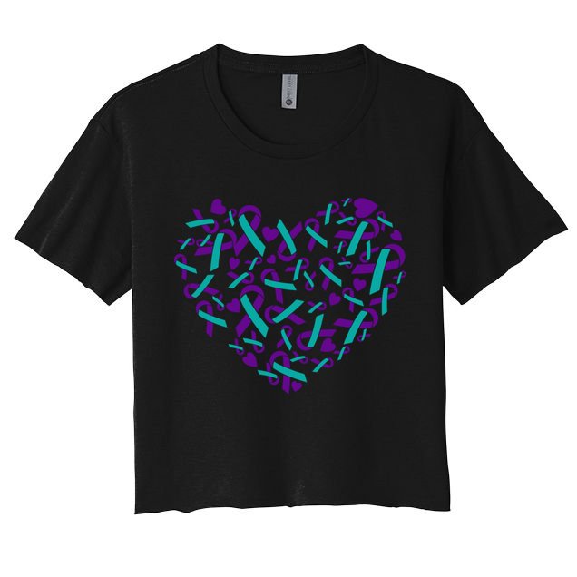 Heart Teal And Purple Ribbon Suicide Prevention Awareness Crop Top