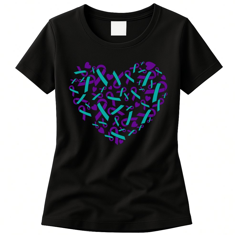 Heart Teal And Purple Ribbon Suicide Prevention Awareness Womens T-Shirt