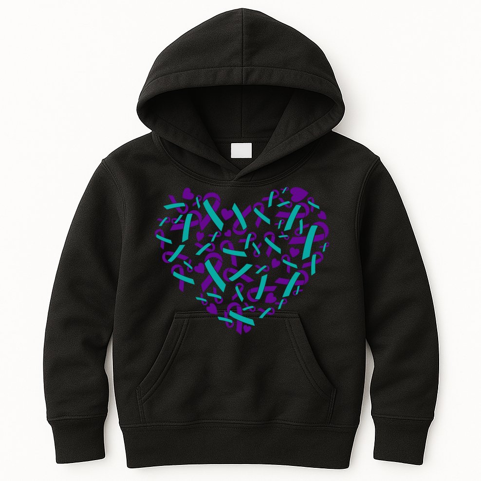 Heart Teal And Purple Ribbon Suicide Prevention Awareness Kids Hoodie