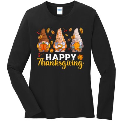 Happy Thanksgiving Autumn Fall Gnomes Pumpkin Turkey Pie Ladies Long Sleeve Shirt