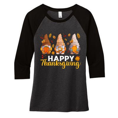 Happy Thanksgiving Autumn Fall Gnomes Pumpkin Turkey Pie Women's Tri-Blend 3/4-Sleeve Raglan Shirt