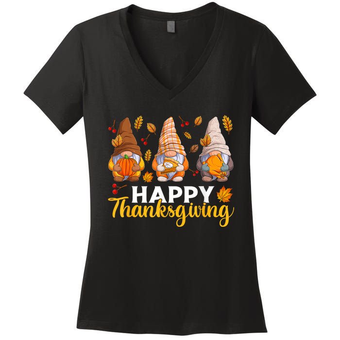 Happy Thanksgiving Autumn Fall Gnomes Pumpkin Turkey Pie Women's V-Neck T-Shirt