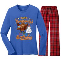 Happy Thanksgiving And Yes Its My Birthday Turkey Dabbing Gift Women's Long Sleeve Flannel Pajama Set 