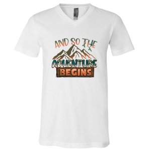 Hiking The Adventure Begins Hiking Mountain Camping Gift V-Neck T-Shirt