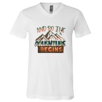 Hiking The Adventure Begins Hiking Mountain Camping Gift V-Neck T-Shirt