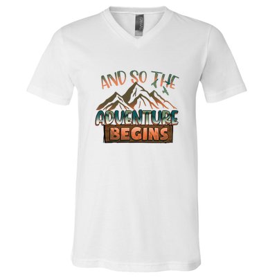 Hiking The Adventure Begins Hiking Mountain Camping Gift V-Neck T-Shirt