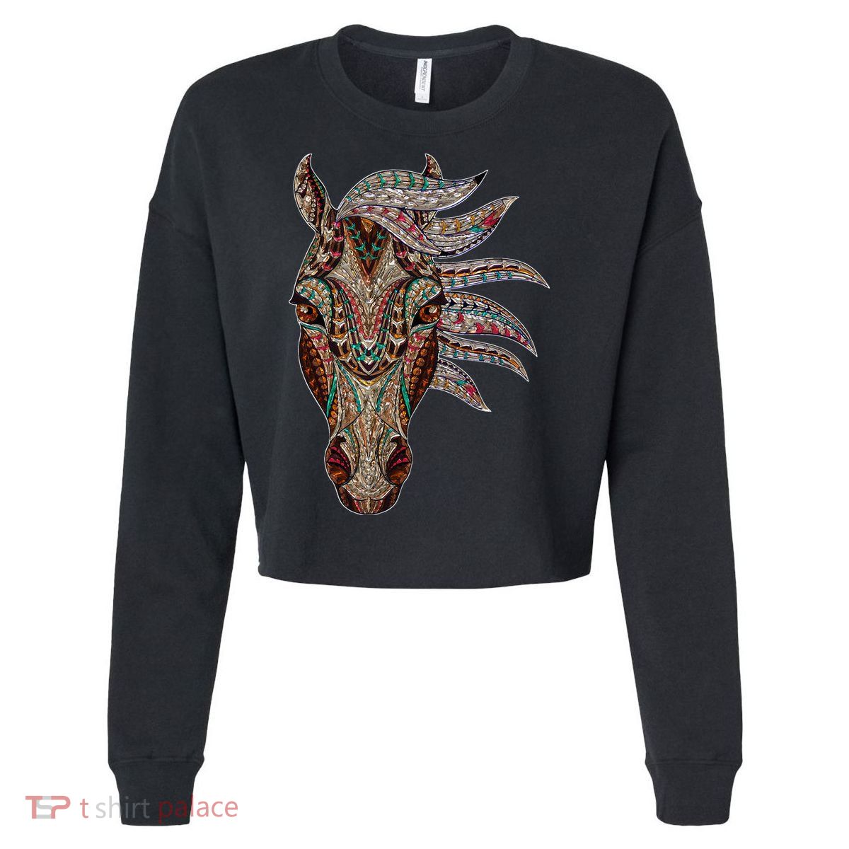 Horse Tribal Abstract Art Native American Geometric Horse Cropped Pullover Crew