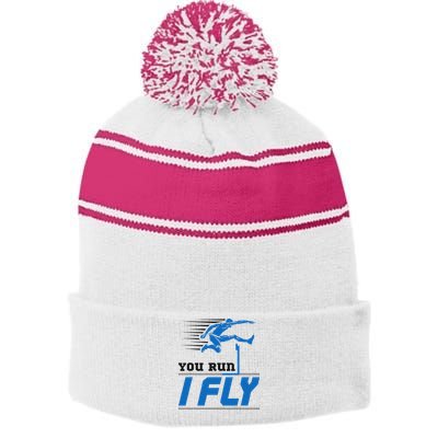 Hurdles Track And Field Hurdler Hurdle Runner You Run I Fly Stripe Pom Pom Beanie