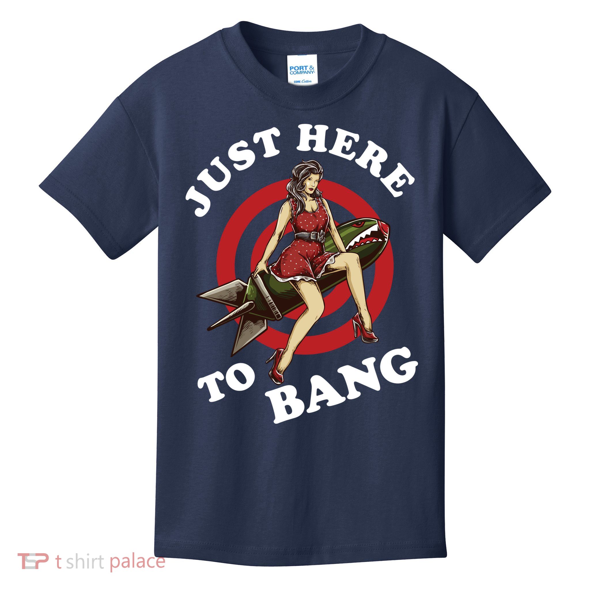 Here To Bang 4th Of July Pin Up Girl Rocket Kids T-Shirt