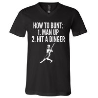 How To Bunt, Hit A Dinger Funny Baseball Player Home Run Fun V-Neck T-Shirt