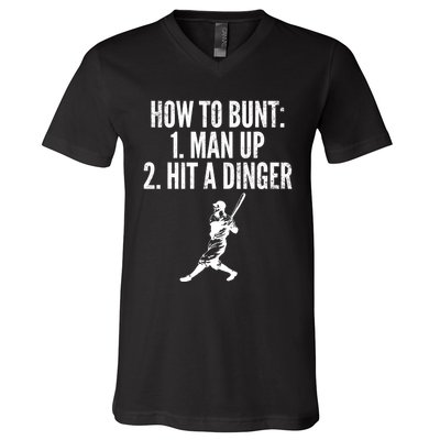 How To Bunt, Hit A Dinger Funny Baseball Player Home Run Fun V-Neck T-Shirt