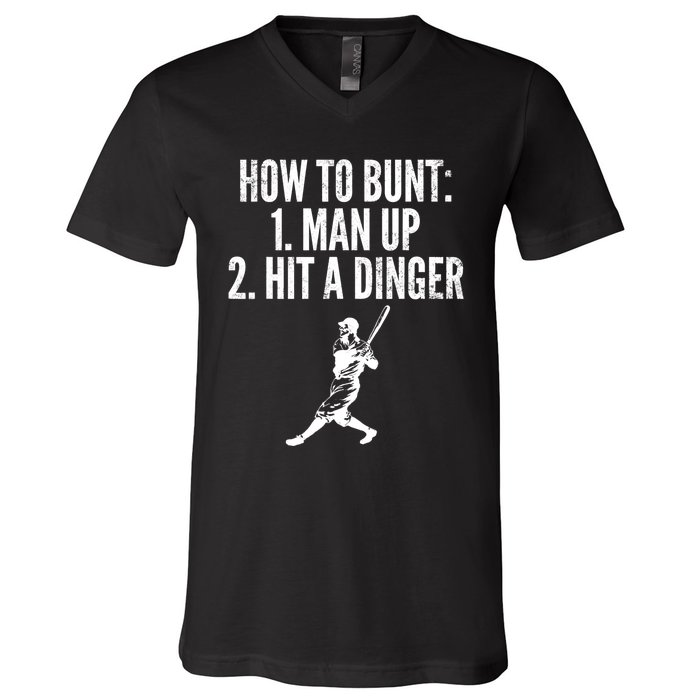 How To Bunt, Hit A Dinger Funny Baseball Player Home Run Fun V-Neck T-Shirt