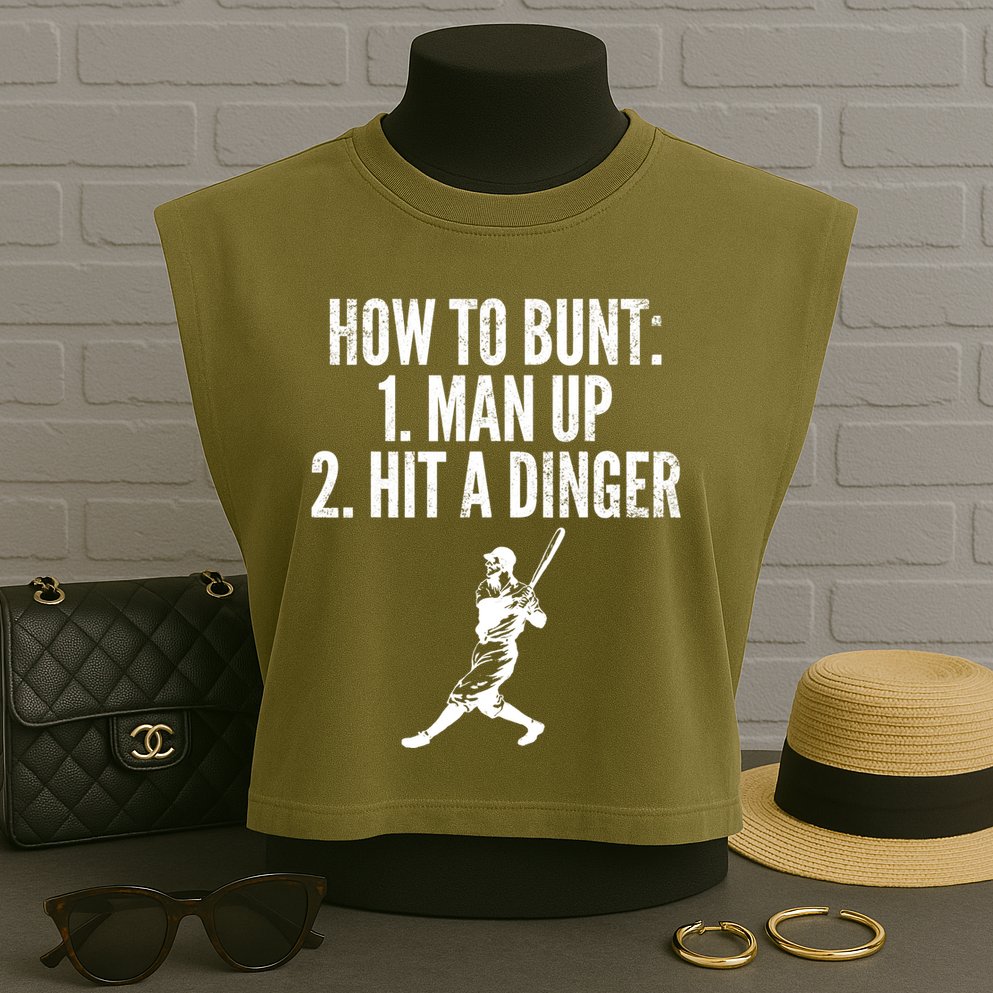 How To Bunt, Hit A Dinger Funny Baseball Player Home Run Fun Garment-Dyed Women's Muscle Tee