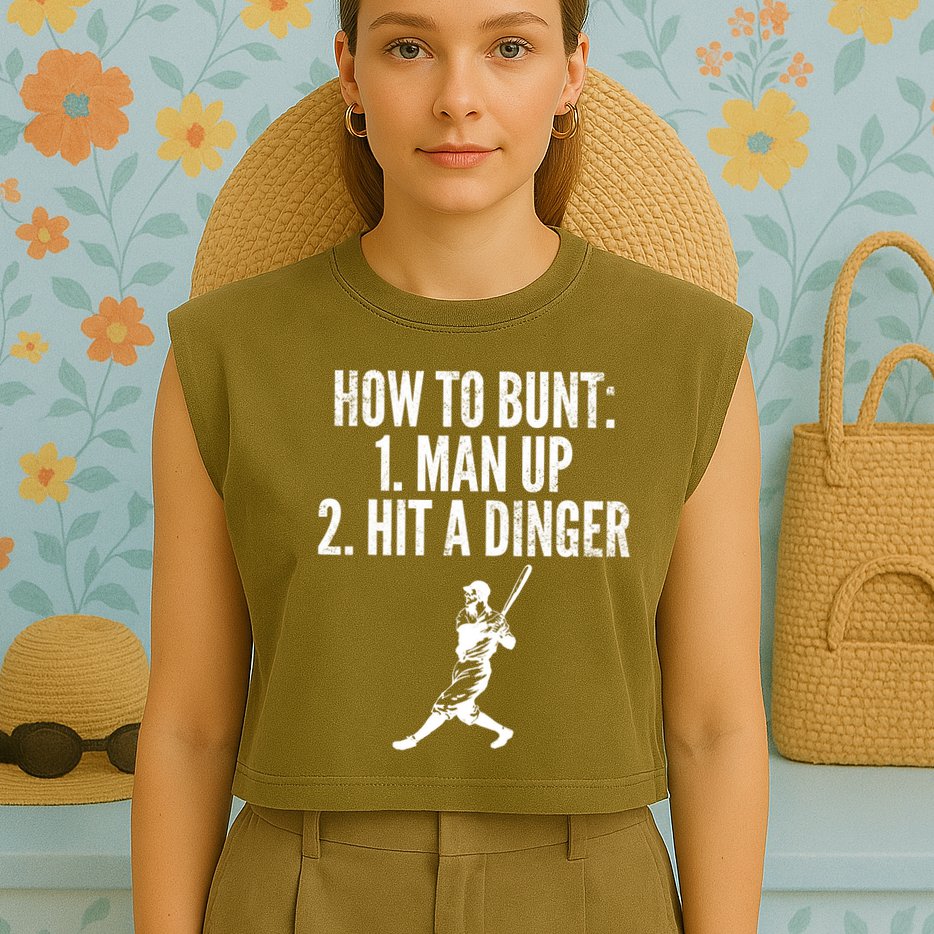 How To Bunt, Hit A Dinger Funny Baseball Player Home Run Fun Garment-Dyed Women's Muscle Tee