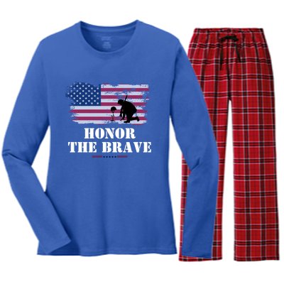 Honor The Brave Memorial Day Veteran American Flag Cool Gift Women's Long Sleeve Flannel Pajama Set 