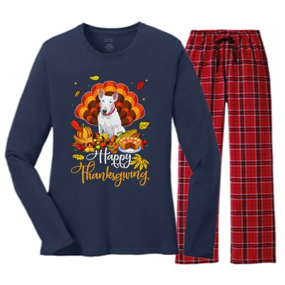 Happy Thanksgiving Bull Terrier Turkey Thanksgiving Costume Women's Long Sleeve Flannel Pajama Set 