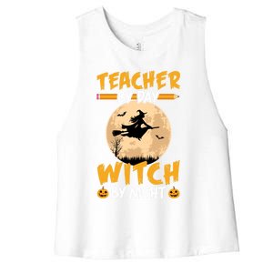 Halloween Teacher By Day Witch By Night Teach Pumpkin Funny Great Gift Women's Racerback Cropped Tank