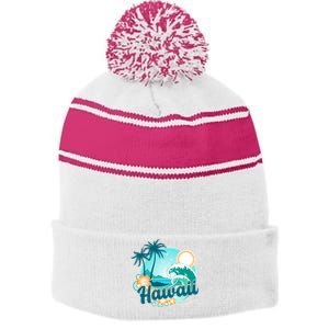 Hawaii Tropical Beach Palm Trees Stripe Pom Pom Beanie