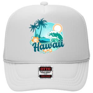 Hawaii Tropical Beach Palm Trees High Crown Mesh Back Trucker Hat