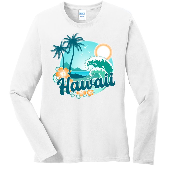 Hawaii Tropical Beach Palm Trees Ladies Long Sleeve Shirt