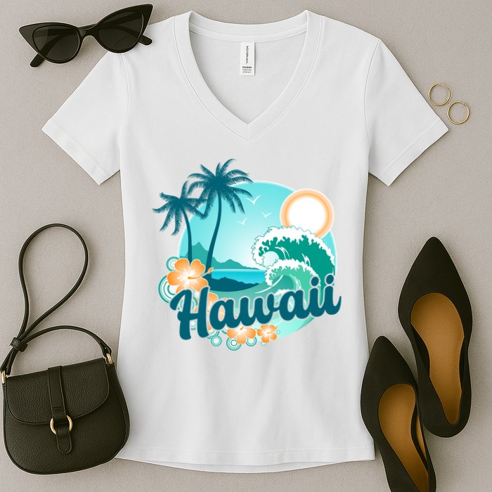 Hawaii Tropical Beach Palm Trees Women's V-Neck T-Shirt