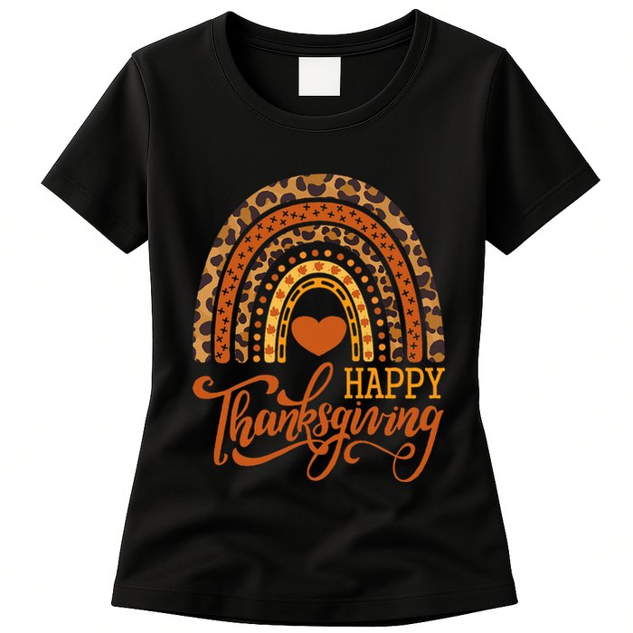 Happy Thanksgiving Boho Rainbow Leopard Fall Autumn Womens T-Shirt