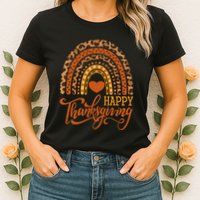 Happy Thanksgiving Boho Rainbow Leopard Fall Autumn Womens T-Shirt