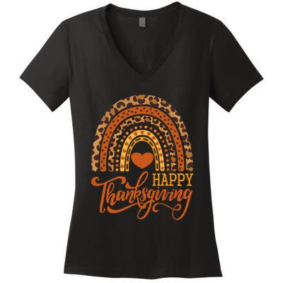 Happy Thanksgiving Boho Rainbow Leopard Fall Autumn Women's V-Neck T-Shirt