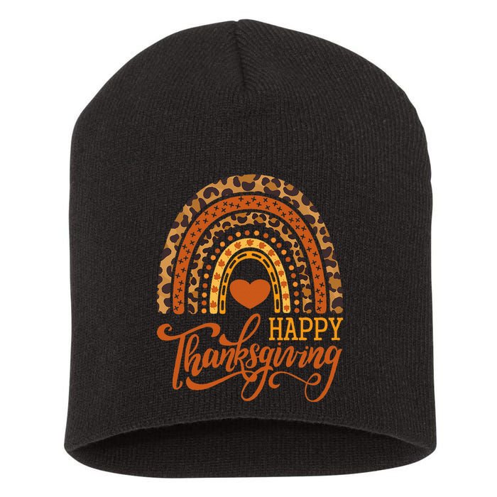 Happy Thanksgiving Boho Rainbow Leopard Fall Autumn Short Acrylic Beanie