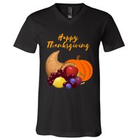 Happy Thanksgiving Cornucopia Design V-Neck T-Shirt