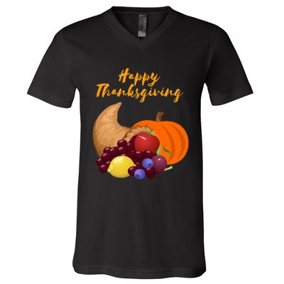 Happy Thanksgiving Cornucopia Design V-Neck T-Shirt