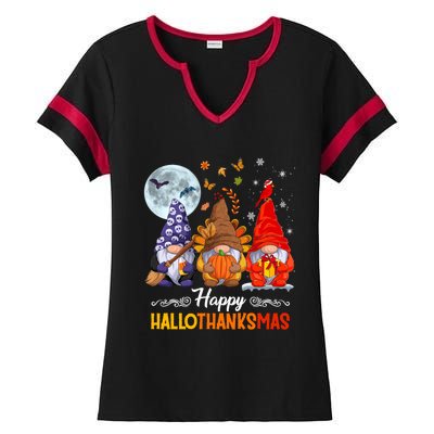 Halloween Thanksgiving Christmas Happy Hallothanksmas Gnomes Funny Gift Ladies Halftime Notch Neck Tee