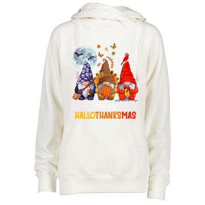 Halloween Thanksgiving Christmas Happy Hallothanksmas Gnomes Funny Gift Womens Funnel Neck Pullover Hood