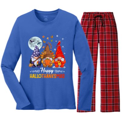 Halloween Thanksgiving Christmas Happy Hallothanksmas Gnomes Funny Gift Women's Long Sleeve Flannel Pajama Set 