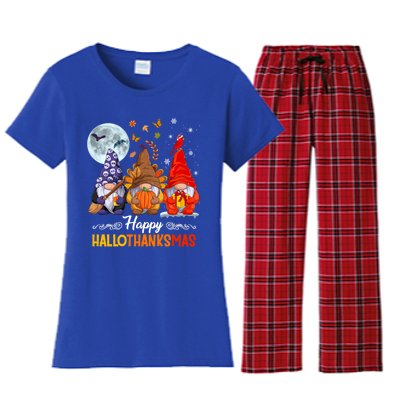 Halloween Thanksgiving Christmas Happy Hallothanksmas Gnomes Funny Gift Women's Flannel Pajama Set