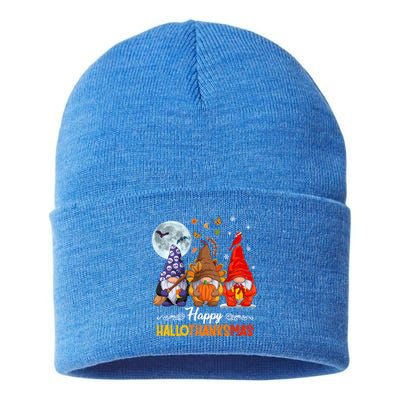 Halloween Thanksgiving Christmas Happy Hallothanksmas Gnomes Funny Gift Sustainable Knit Beanie