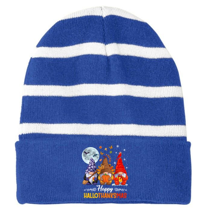 Halloween Thanksgiving Christmas Happy Hallothanksmas Gnomes Funny Gift Striped Beanie with Solid Band