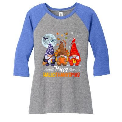 Halloween Thanksgiving Christmas Happy Hallothanksmas Gnomes Funny Gift Women's Tri-Blend 3/4-Sleeve Raglan Shirt