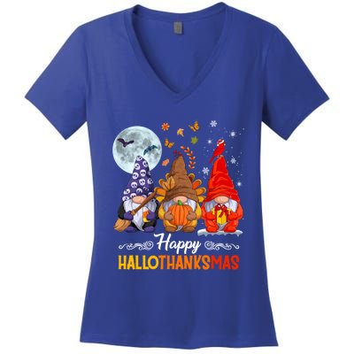 Halloween Thanksgiving Christmas Happy Hallothanksmas Gnomes Funny Gift Women's V-Neck T-Shirt