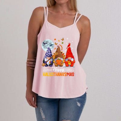 Halloween Thanksgiving Christmas Happy Hallothanksmas Gnomes Funny Gift Women's Strappy Tank