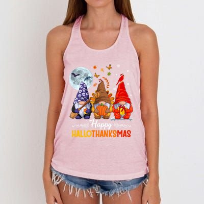 Halloween Thanksgiving Christmas Happy Hallothanksmas Gnomes Funny Gift Women's Knotted Racerback Tank